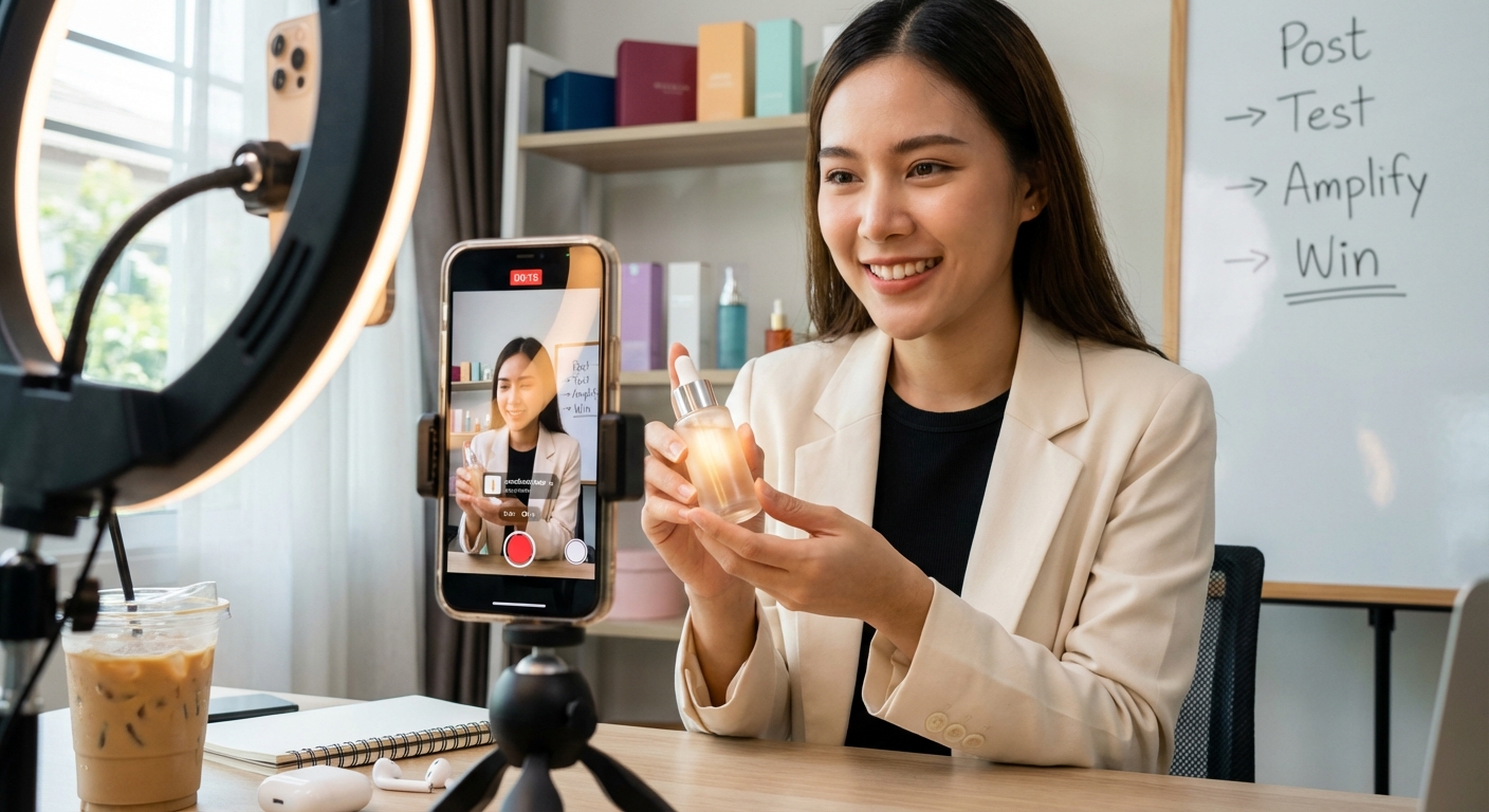 Confident TikTok Shop brand owner filming organic product content in professional creator studio setup