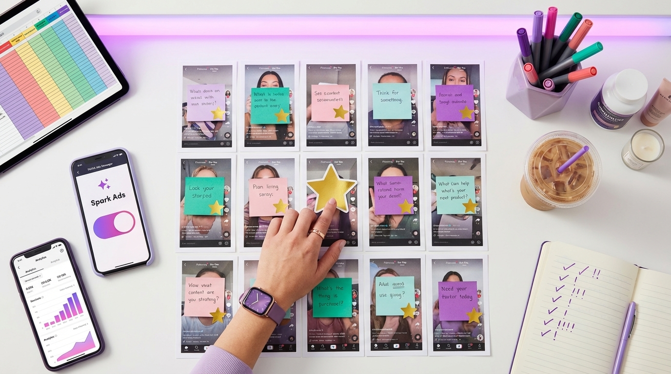 Content planning flat lay with organic TikTok posts scored and ranked for Spark Ad amplification potential