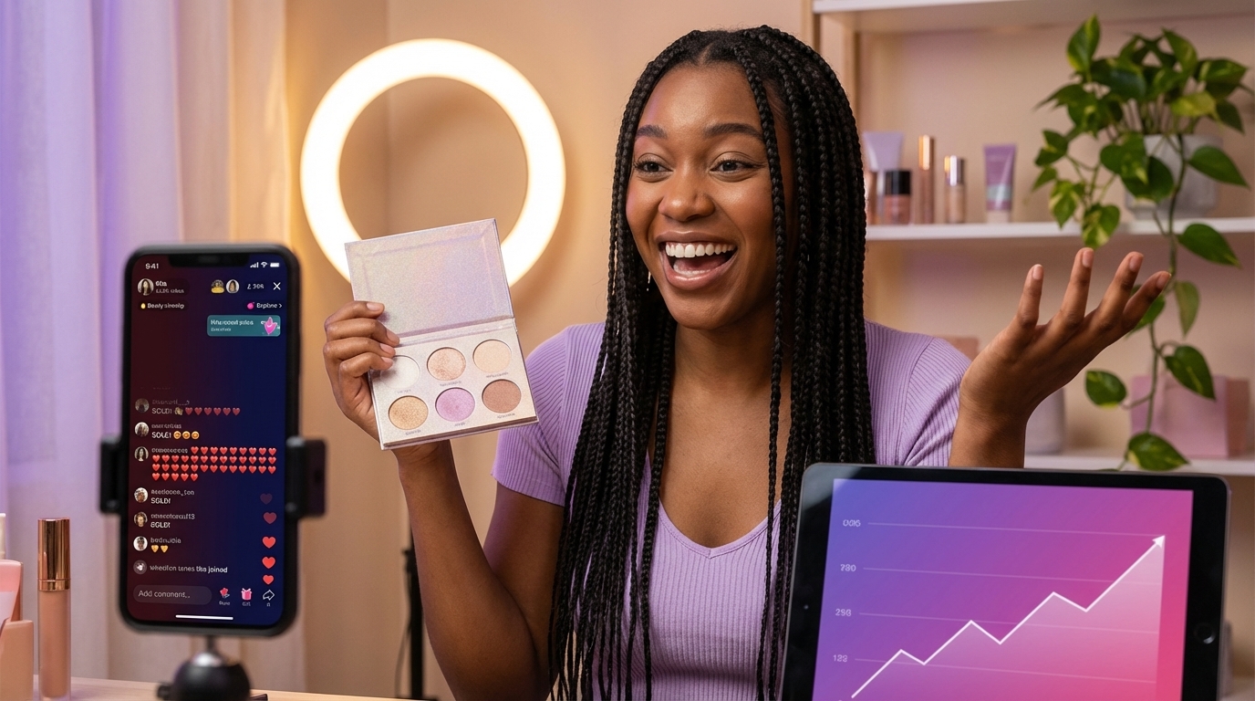Energetic TikTok Shop live stream host presenting products with flooding chat and Spark Ad amplification metrics