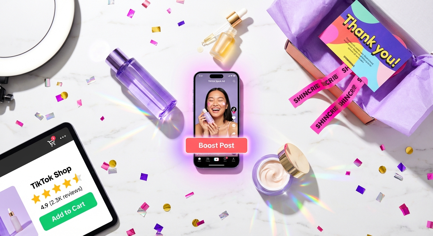 Flat lay of TikTok Shop Spark Ads interface on phone surrounded by branded products and creator tools
