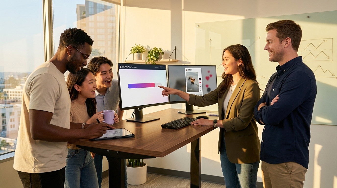 Growth team collaborating on converting high-performing organic TikTok post into Spark Ad campaign at golden hour