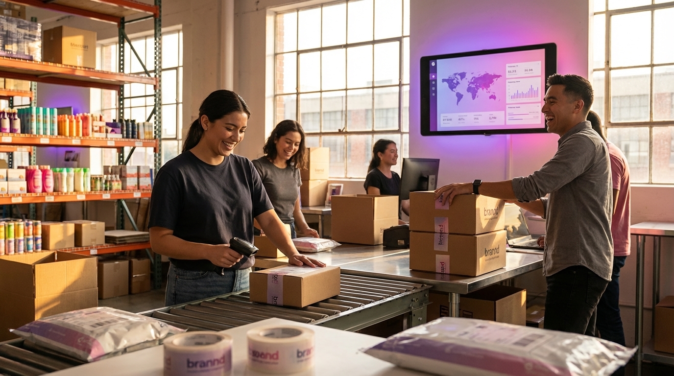 Organized TikTok Shop warehouse fulfilling orders from successful Spark Ad campaigns with branded packaging