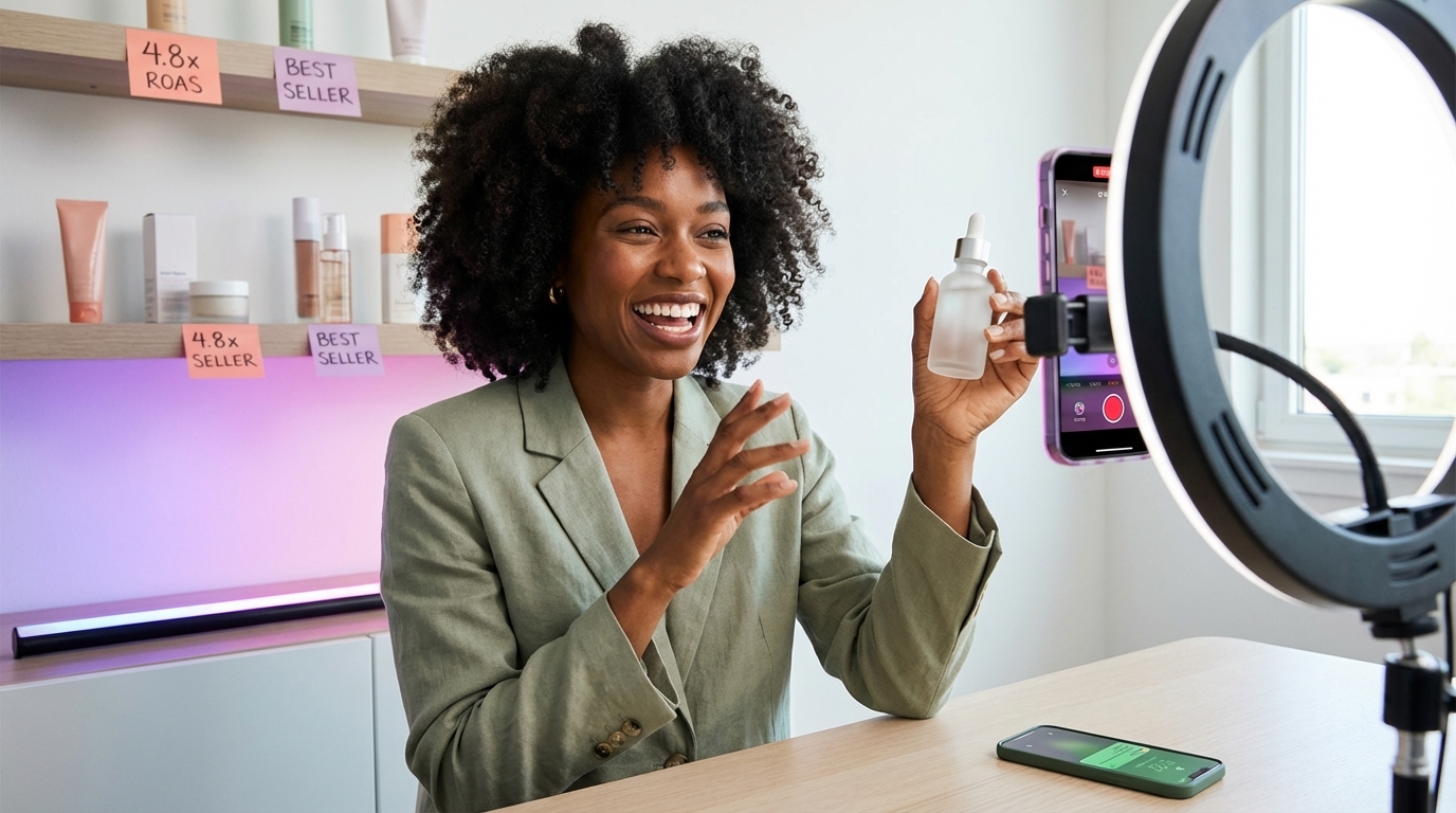 TikTok creator filming organic product content with Spark Ad ROAS results displayed in home studio