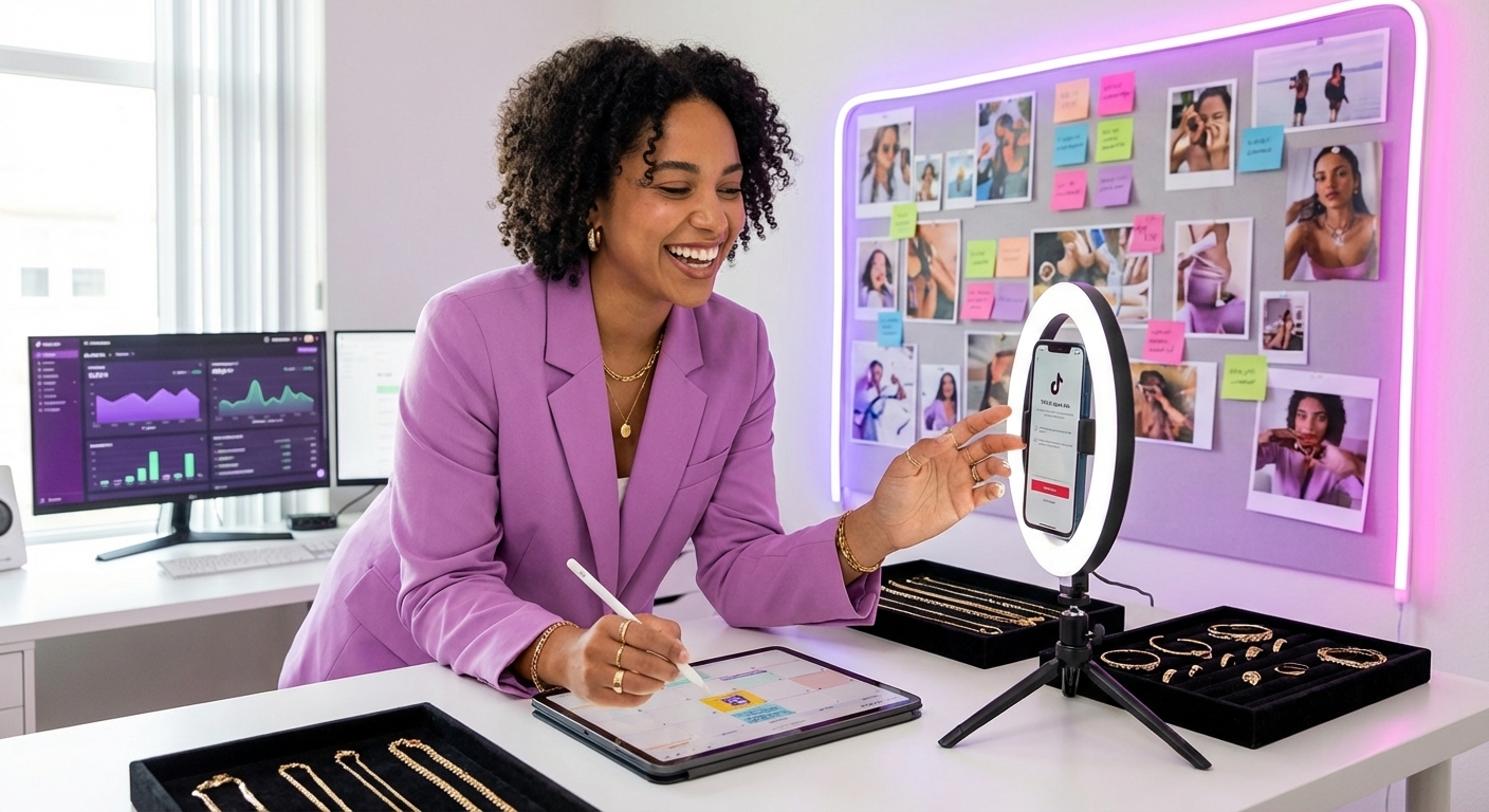 TikTok creator reviewing content calendar and selecting organic posts for Spark Ad amplification in studio