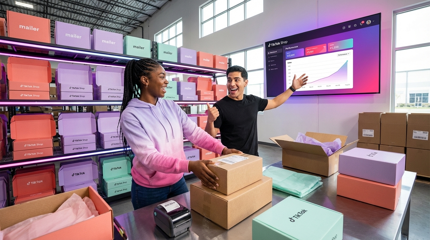 TikTok Shop fulfillment team packing orders generated by Spark Ad amplified organic content campaign
