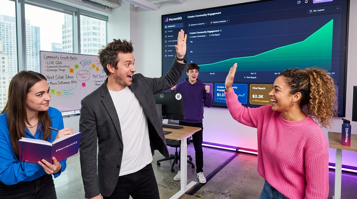 Brand management team smiling and reviewing successful TikTok Shop creator community engagement analytics