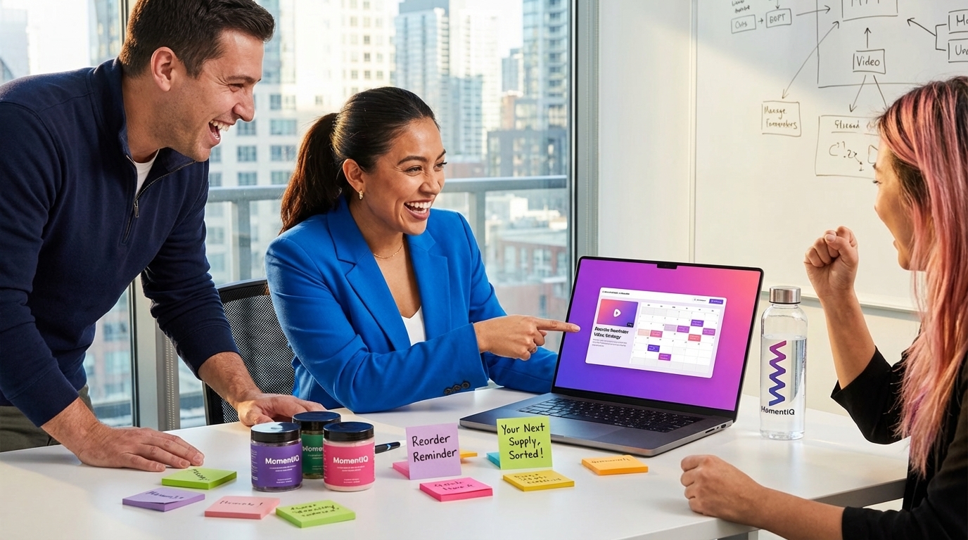 Focused brand team strategizing TikTok Shop replenishment content calendar with product samples