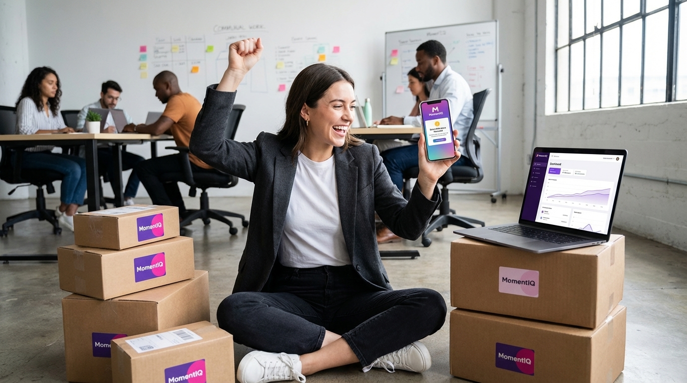 Happy TikTok Shop brand founder celebrating recurring revenue growth surrounded by customer reorder packages