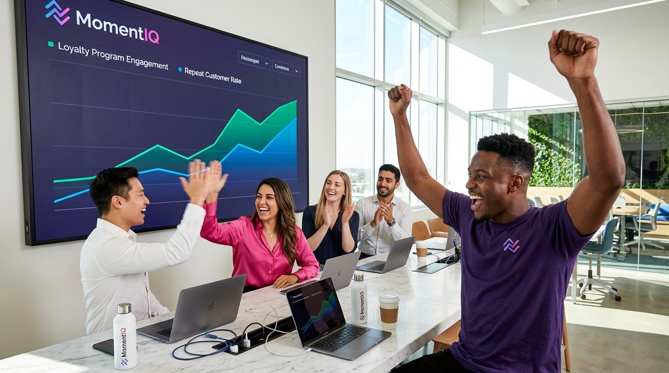 High-spirited brand marketing team celebrating soaring TikTok Shop loyalty program engagement