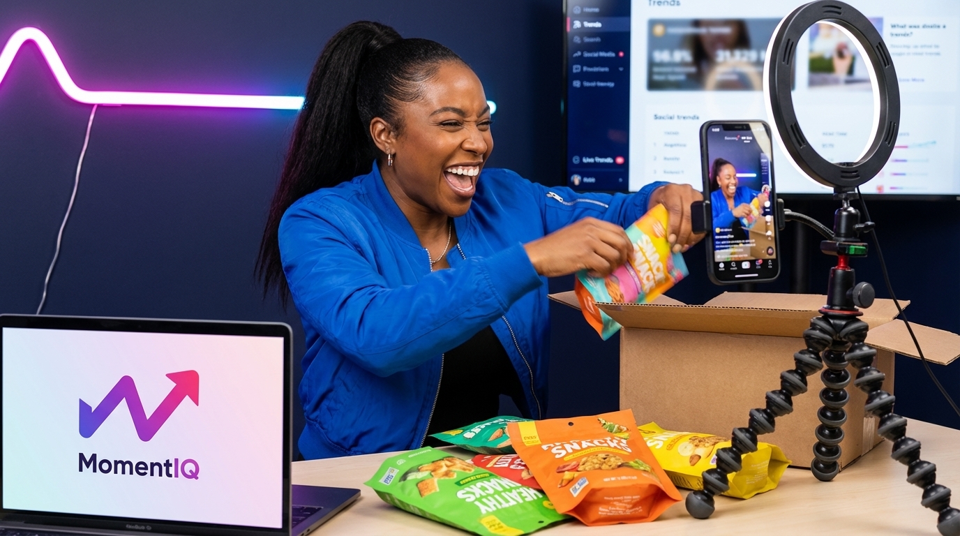 Popular TikTok creator excitedly unboxing a product seeding package of healthy snacks for TikTok Shop
