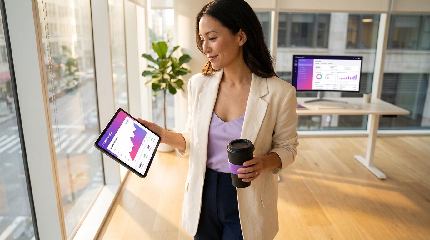 Confident female entrepreneur walking through an office, reviewing TikTok Shop sales on her tablet.