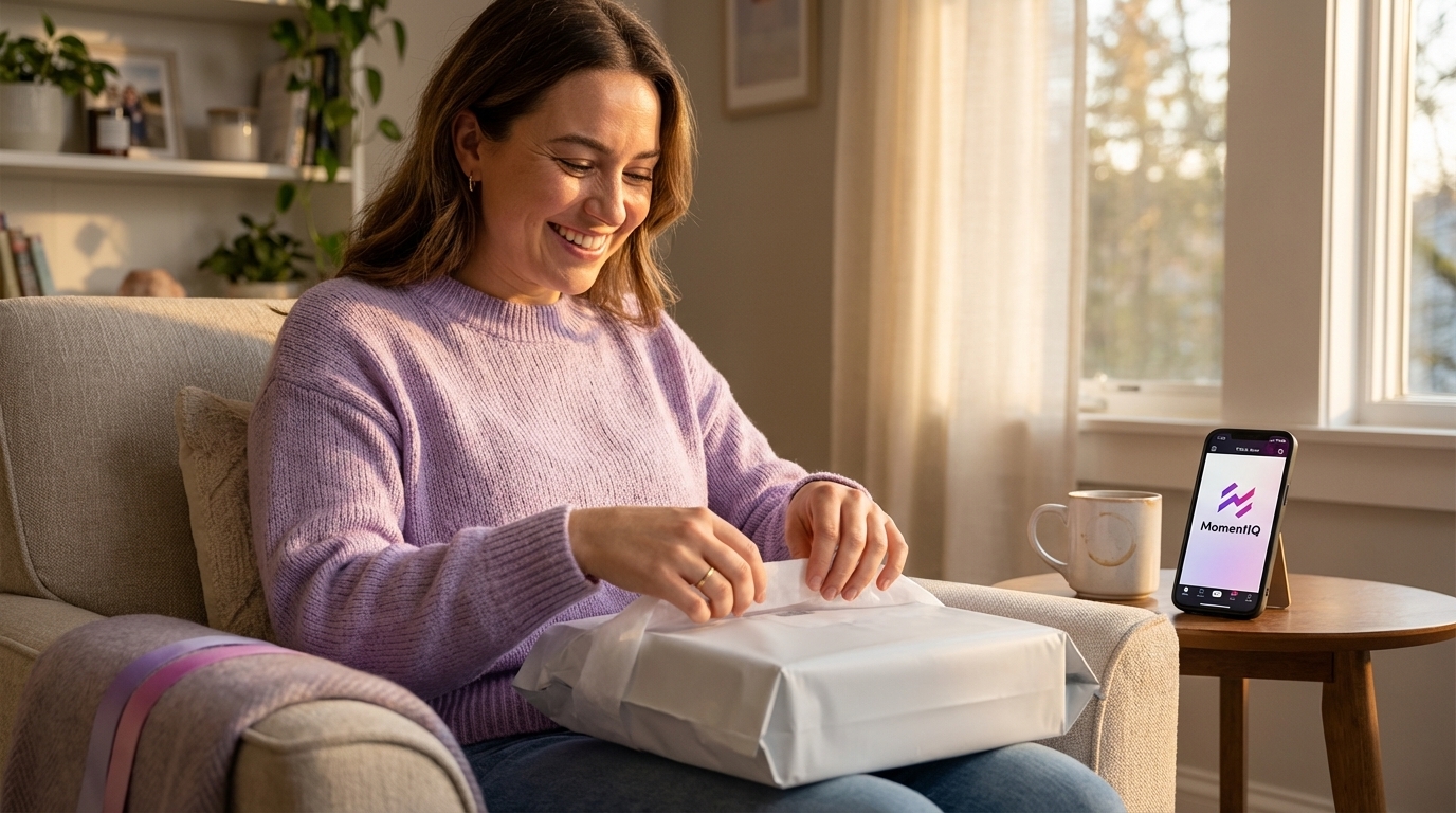 Happy customer unboxing a branded TikTok Shop package in a sunlit living room.