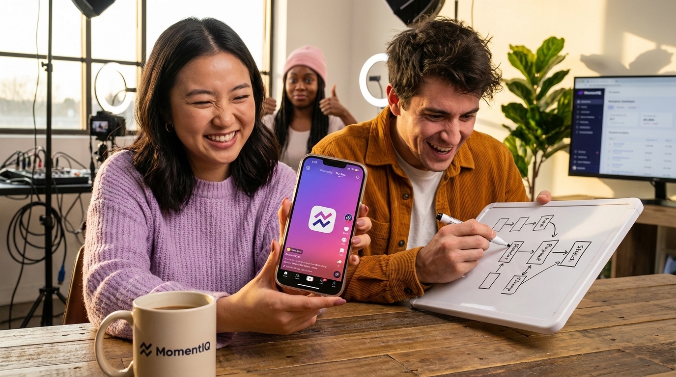 Lively creator team brainstorming in a studio, displaying a viral TikTok Shop video on a smartphone.