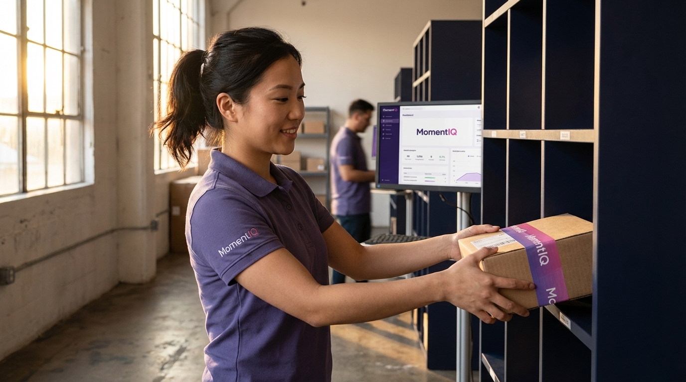 Organized warehouse worker joyfully fulfilling a TikTok Shop order with branded packaging.