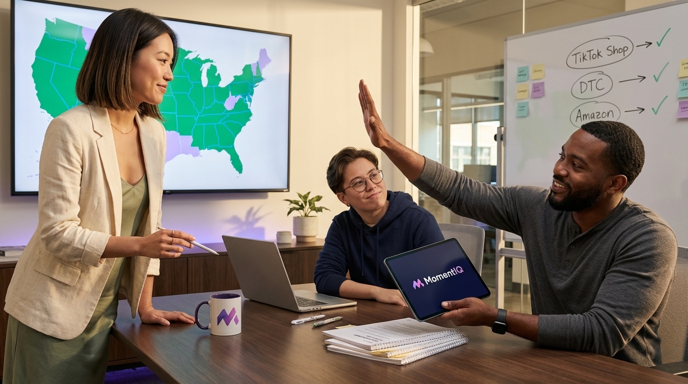 Confident female entrepreneur walking through an office, reviewing TikTok Shop sales on her tablet. TikTok Shop brand team celebrating multi-state sales tax compliance strategy in a modern war room with analytics screens