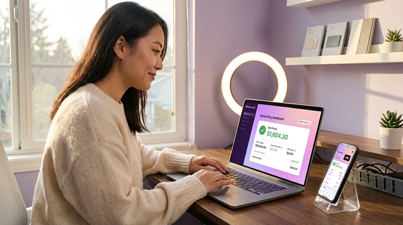 Lively creator team brainstorming in a studio, displaying TikTok Shop seller's accounting dashboard showing color-coded revenue breakdown with 1099-K reconciliation on laptop