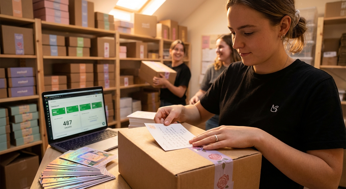 Organized TikTok Shop fulfillment warehouse with team packing themed event orders and live sales dashboard on screen