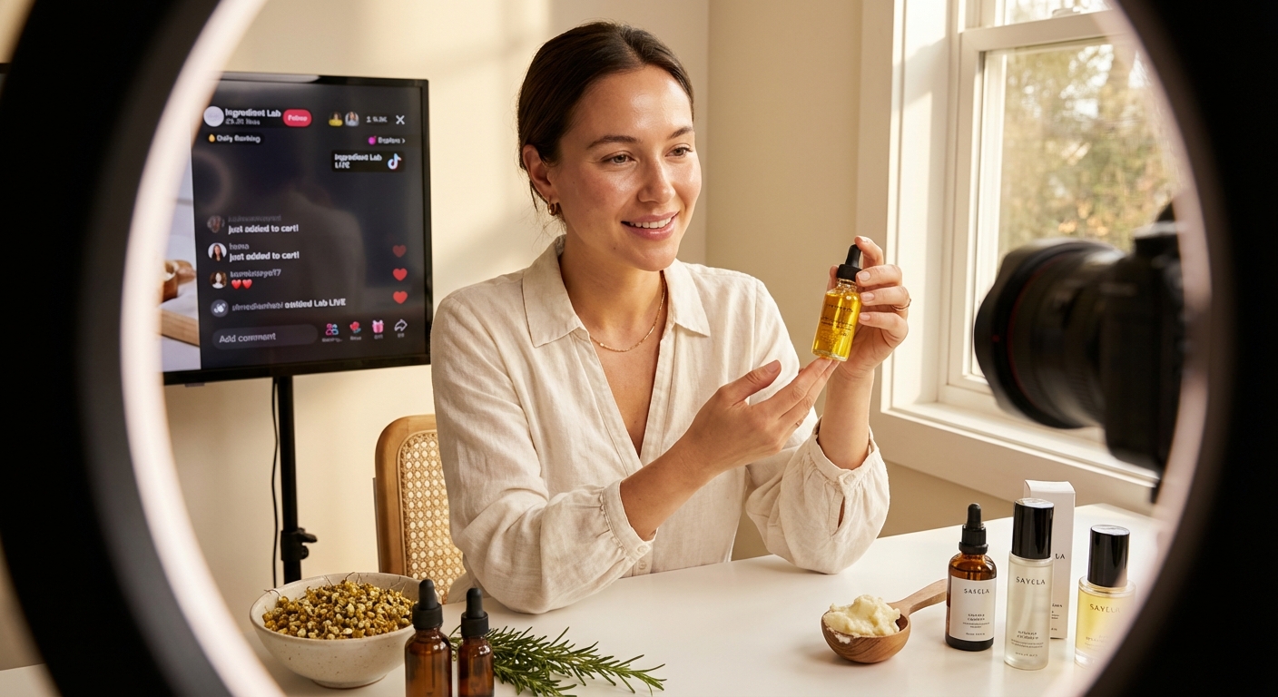 Skincare brand founder presenting hero ingredients during TikTok Shop educational live stream with engaged viewers
