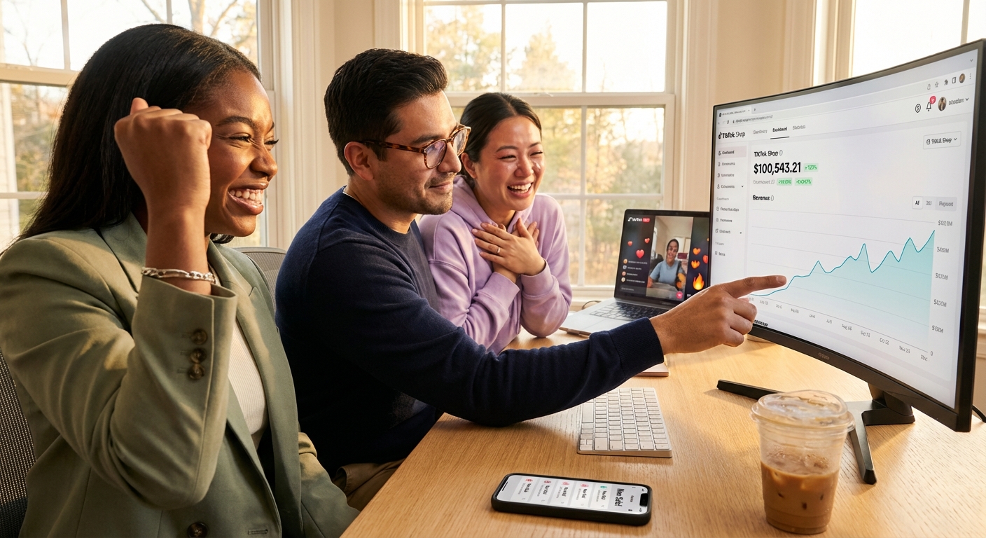Brand team celebrating TikTok Shop revenue milestone on a sales dashboard showing upward growth trends