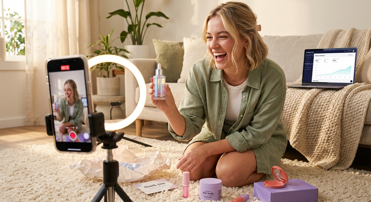 Creator excitedly unboxing TikTok Shop product seeding package while filming content with ring light and tripod setup