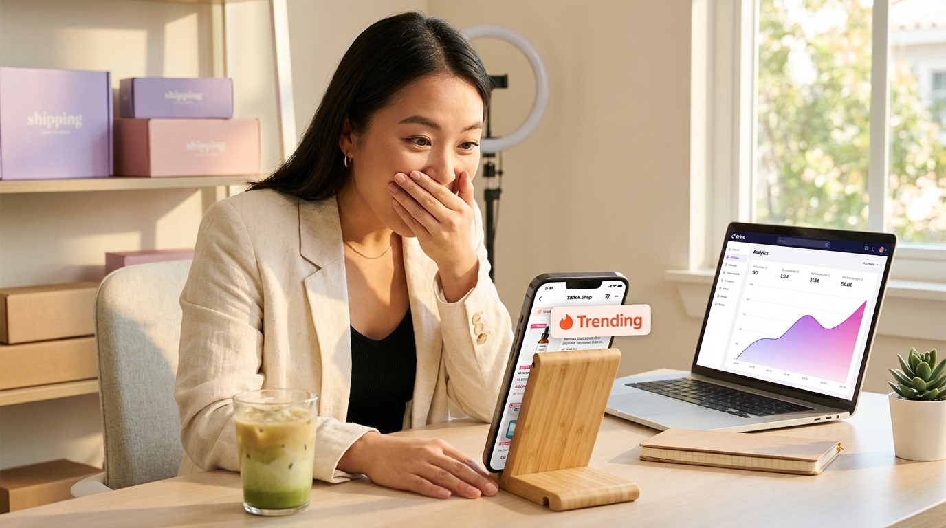 Excited TikTok Shop seller reacting to her product earning a Trending badge with traffic spike on laptop