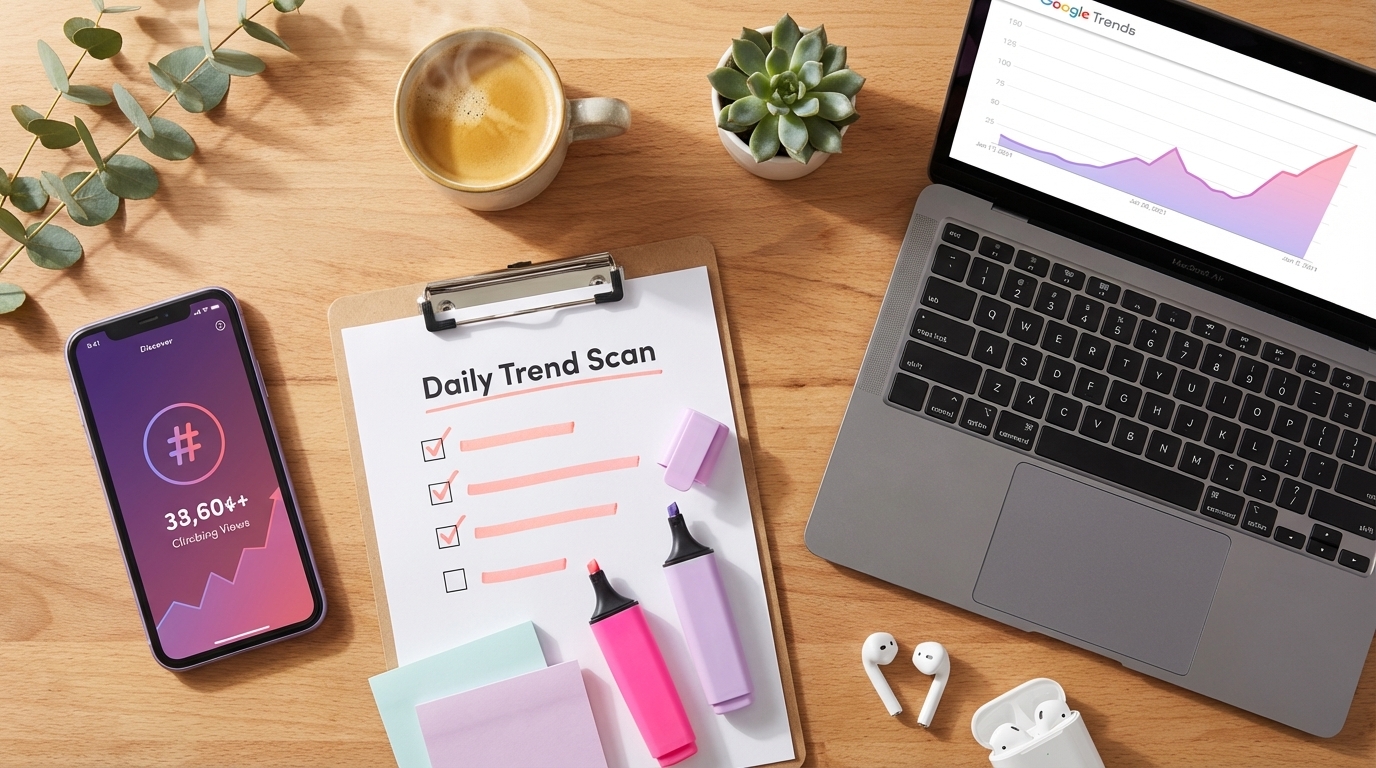 Flat lay of daily TikTok Shop trend spotting toolkit with phone, laptop showing Google Trends, and checklist