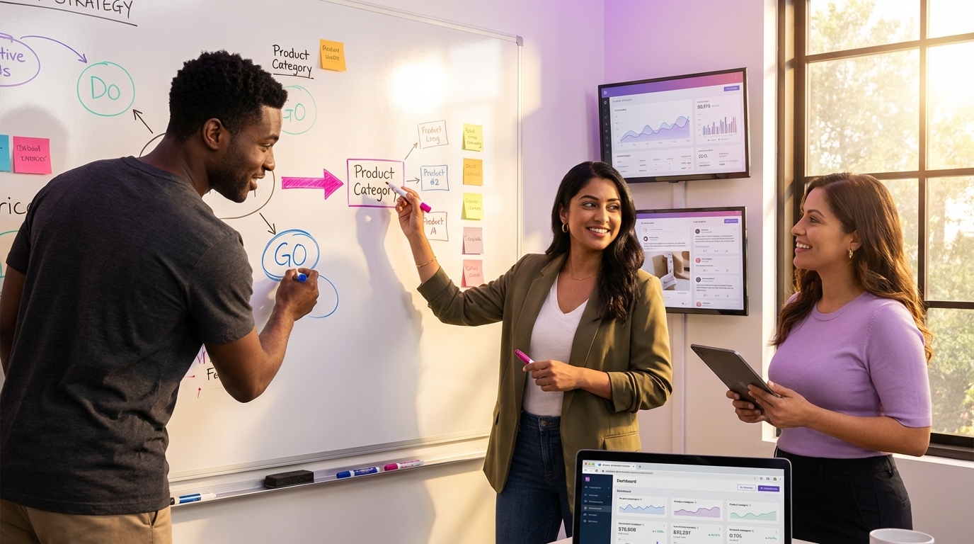 Marketing team in strategy war room mapping TikTok Shop trends on whiteboard with analytics dashboards