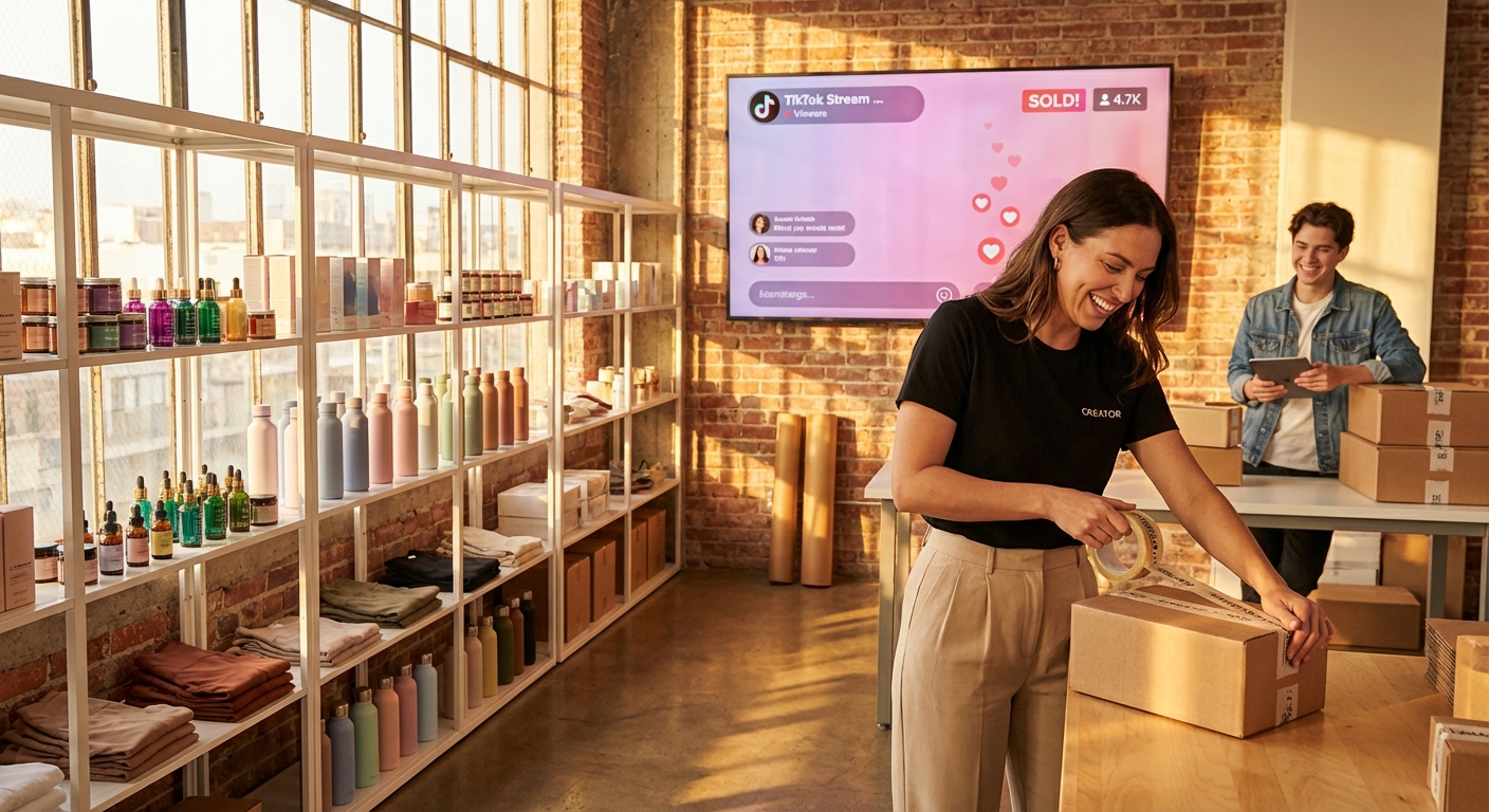 Organized TikTok Shop fulfillment warehouse with branded shipping boxes and a live shopping stream showing sold-out products
