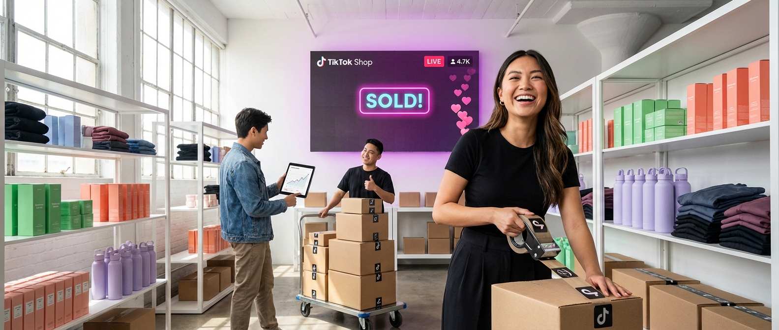 Organized TikTok Shop fulfillment warehouse team shipping trending product orders with real-time sales dashboard
