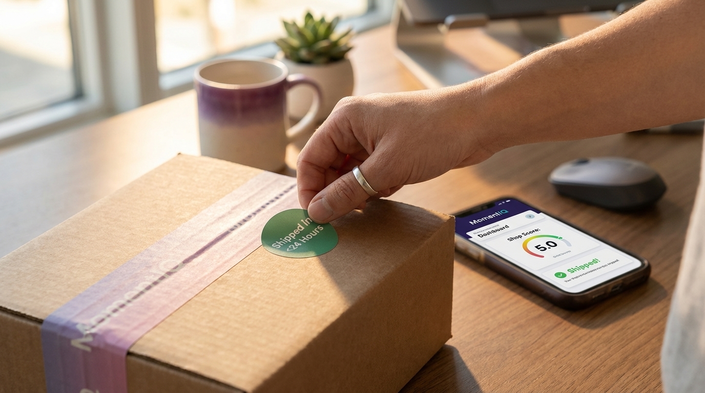 Branded shipping box with '<24 Hours' sticker and TikTok Shop order confirmation on phone