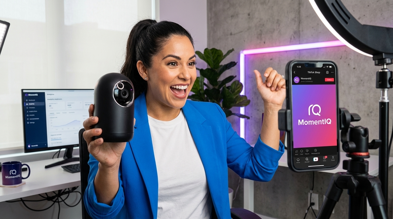 Cheerful creator showcasing a premium pet product on TikTok Shop live stream in her studio