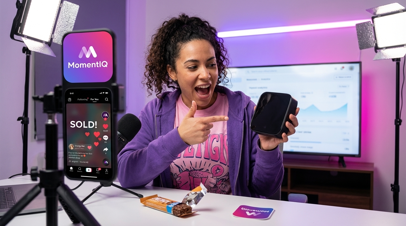 Energetic creator showcasing product on TikTok Shop live stream with 'SOLD!' overlay
