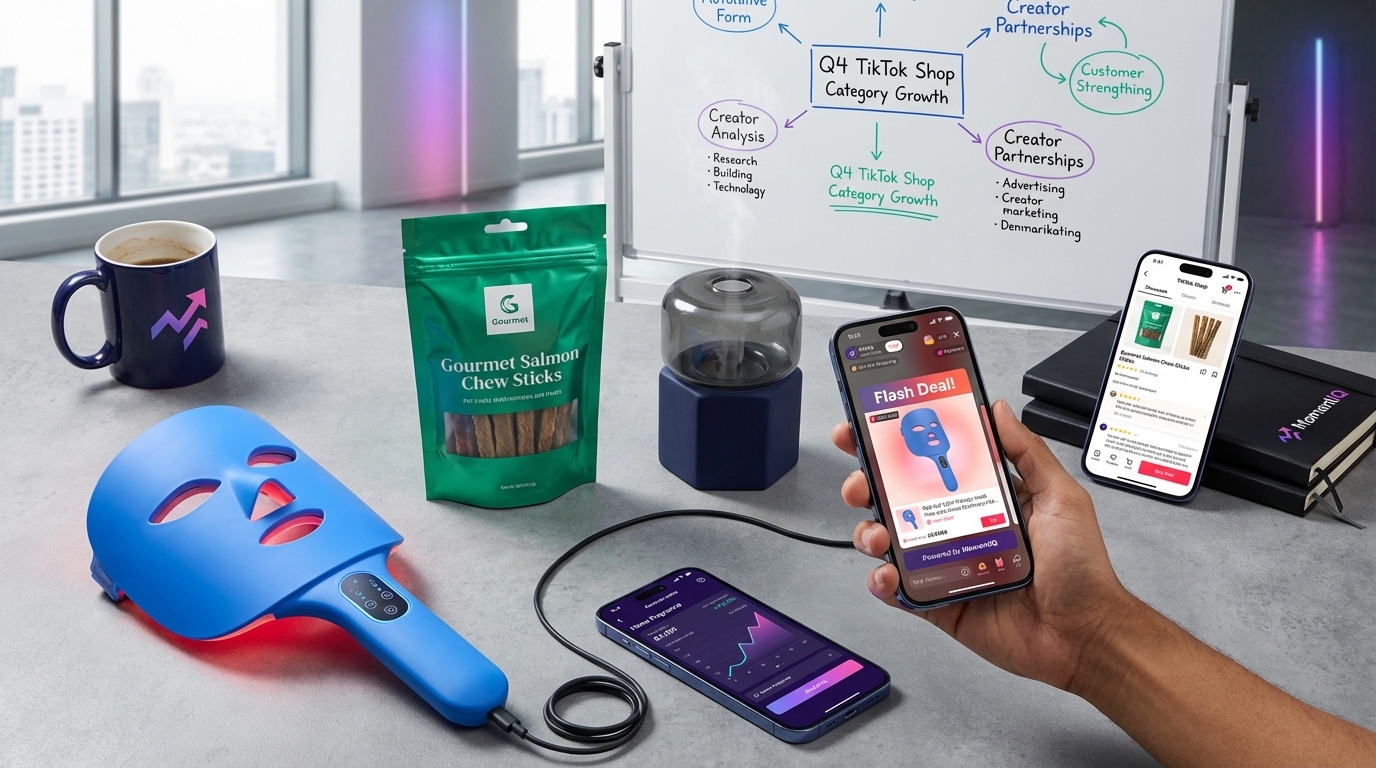 Flat lay of breakout TikTok Shop product categories: wellness device, premium pet treats, home fragrance