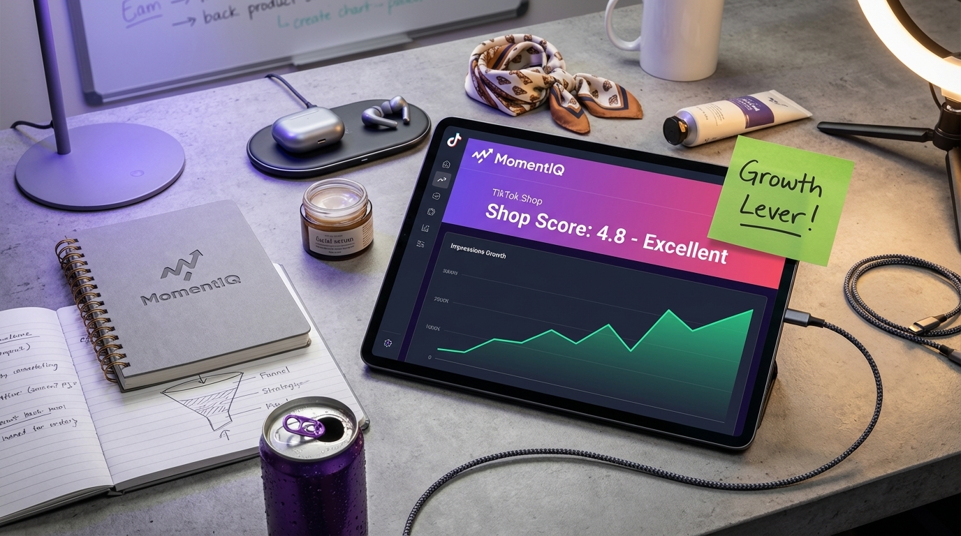 Flat lay of TikTok Shop dashboard showing excellent Shop Score and growth in impressions