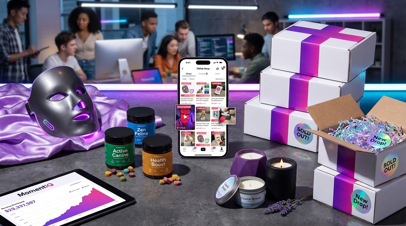 Flat lay of trending TikTok Shop product categories including wellness devices, premium pet products, and home fragrance with phone showing bestseller listings