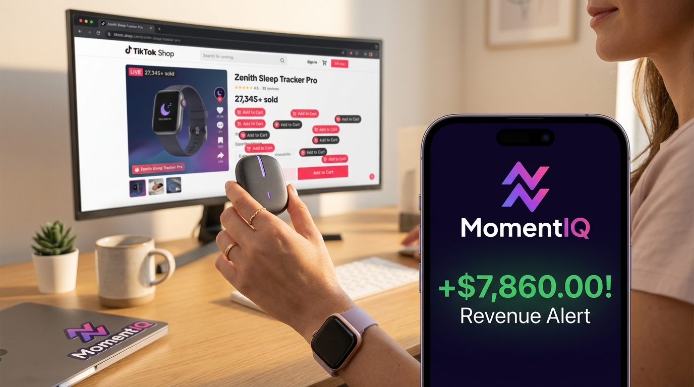 Hand holding a sleek wellness device with TikTok Shop listing showing 'Add to Cart' actions and revenue notification