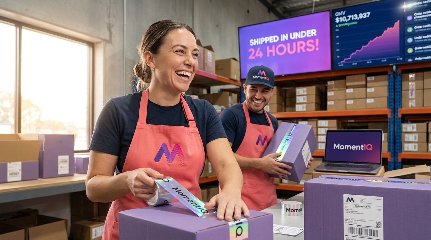 Organized TikTok Shop fulfillment warehouse team quickly packing branded orders with under-24-hour shipping goal displayed