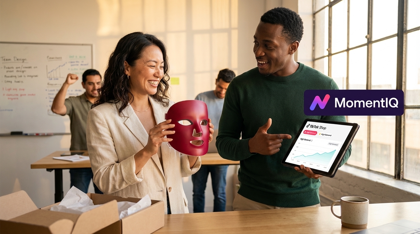 Product development team joyfully unboxing a new wellness device prototype for TikTok Shop
