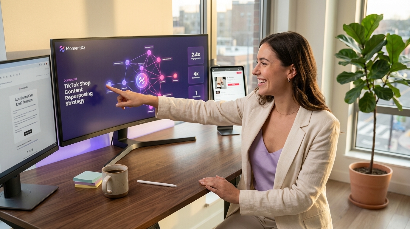Brand team member pointing at a multi-channel TikTok Shop content repurposing dashboard.