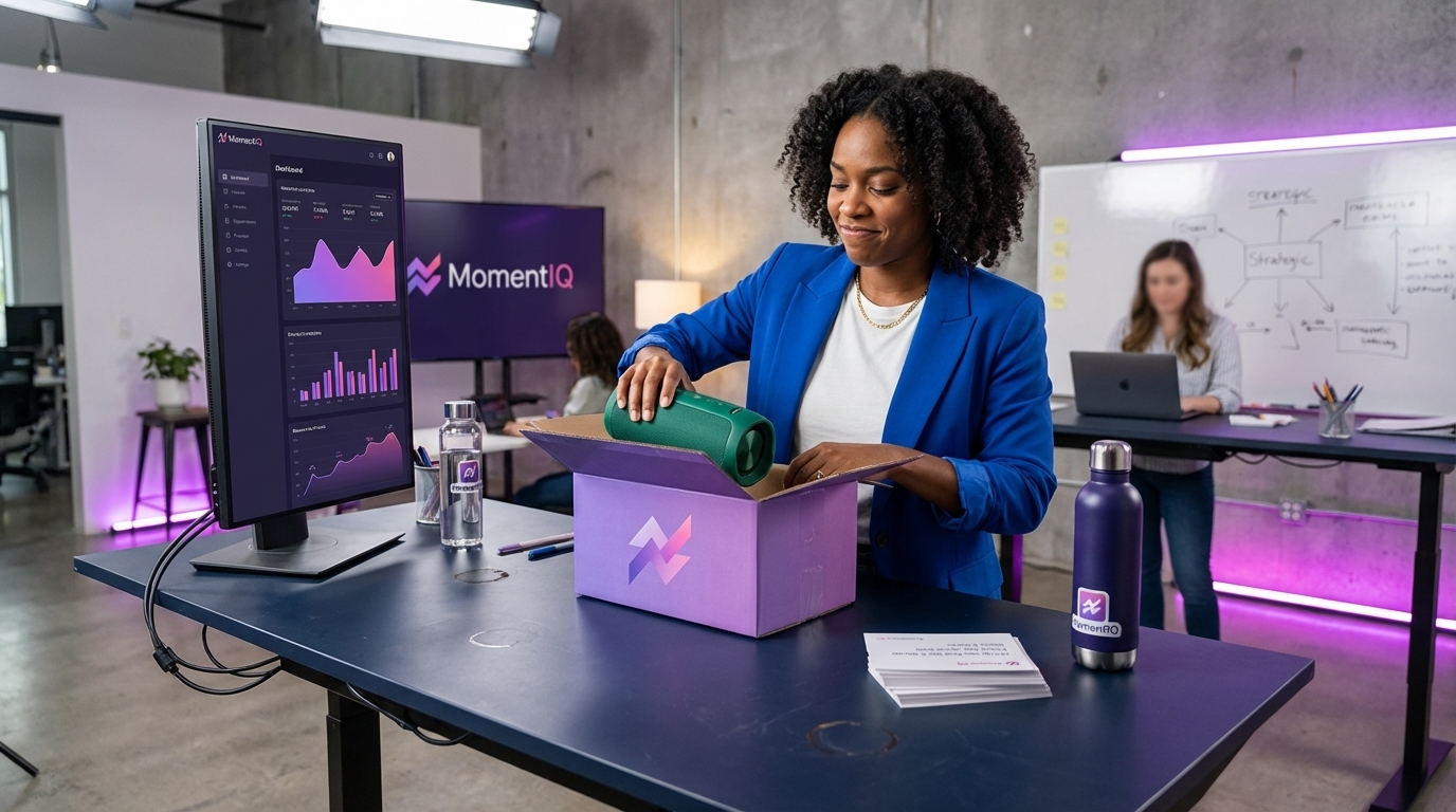 Smiling brand manager preparing a branded product seeding package for a TikTok Shop creator.