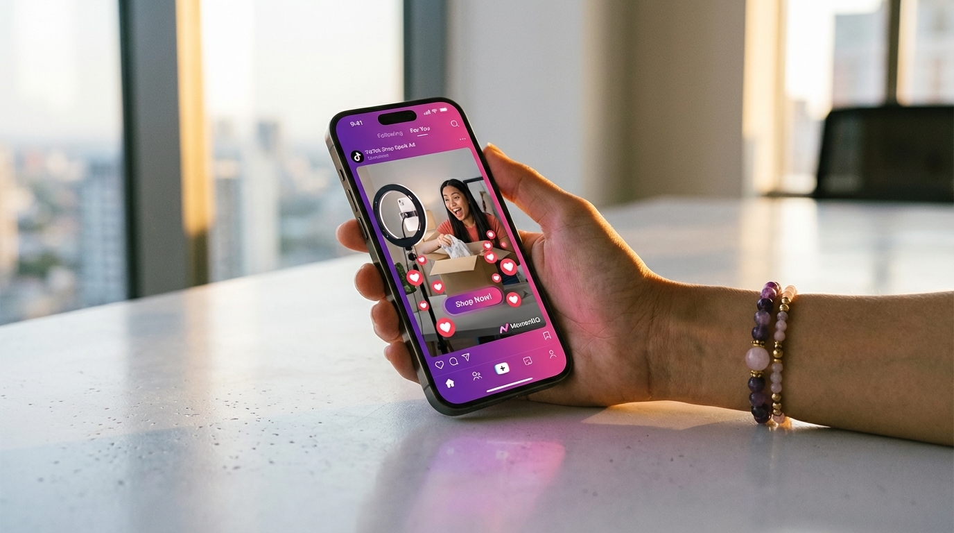 Vibrant TikTok Shop Spark Ad featuring a creator unboxing, showing high engagement on a smartphone.
