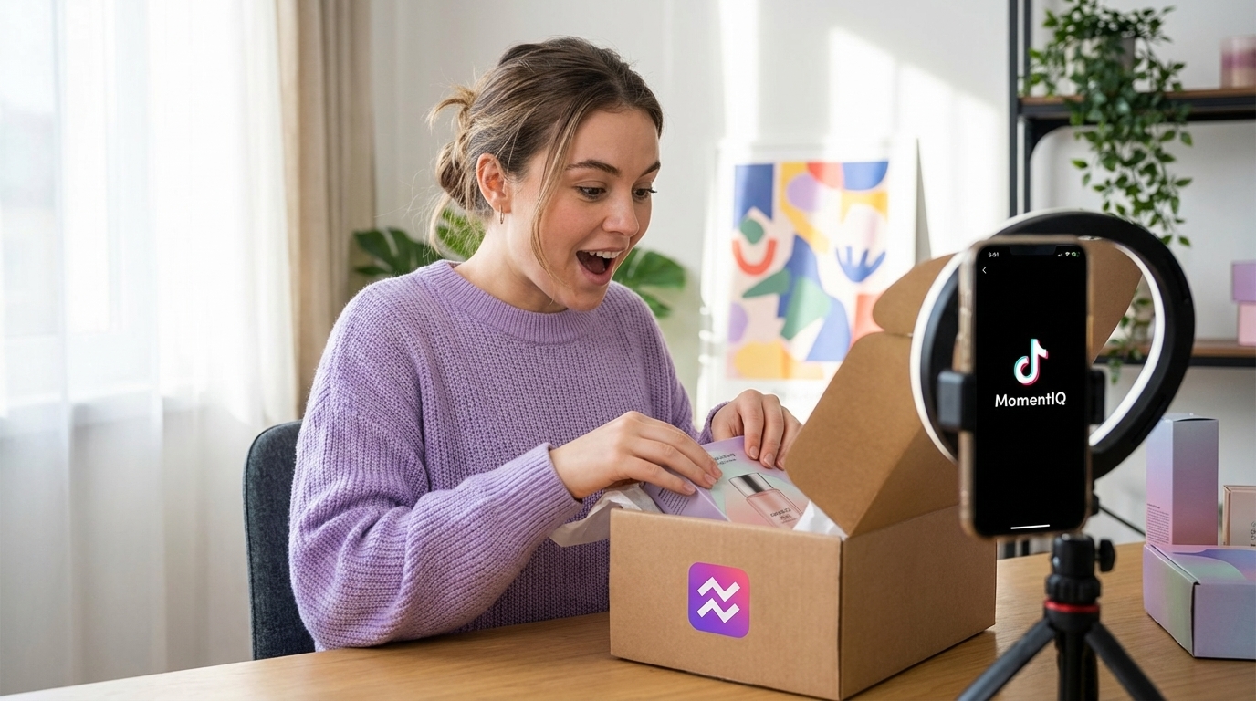 Excited creator unboxing a new product on camera for authentic TikTok Shop UGC creation.