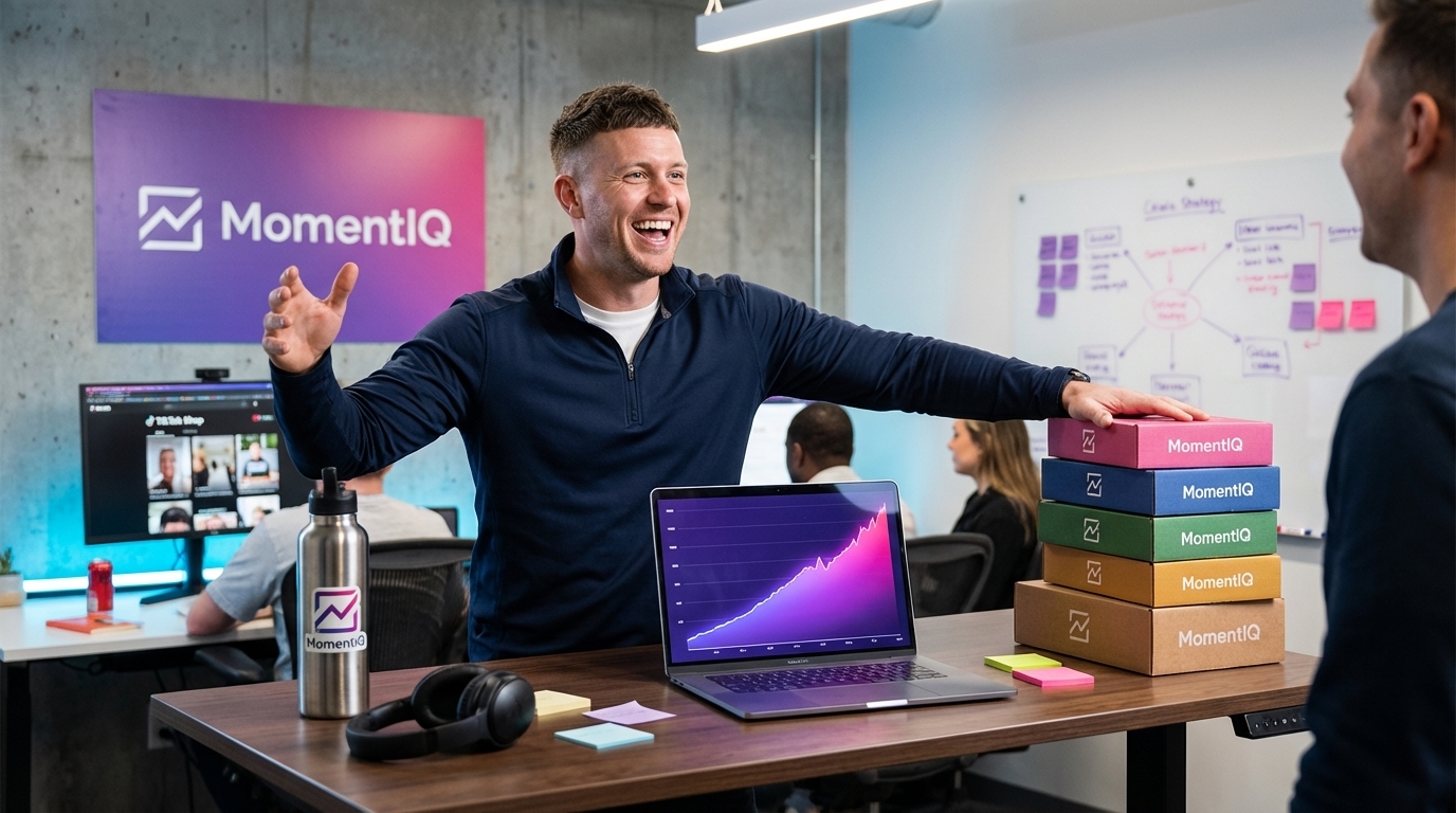 Brand owner confidently reviewing steep TikTok Shop VSA revenue growth on a laptop, with product boxes in background.
