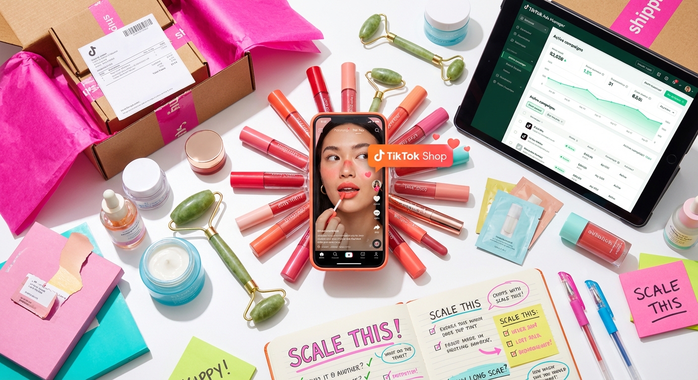 Visual checklist infographic for TikTok Shop catalog optimization showing six critical elements including review thresholds, image consistency with 19% conversion lift, and 2-day shipping badge with 31% higher conversion