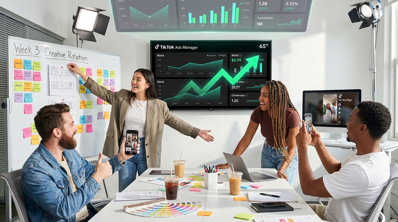 Marketing team celebrating TikTok Shop Video Shopping Ad creative refresh strategy with analytics dashboard and content calendar