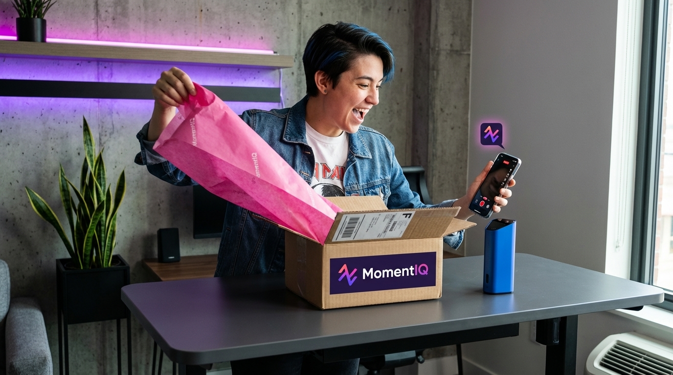 Person joyfully unboxing a branded TikTok Shop product, ready to film a review.