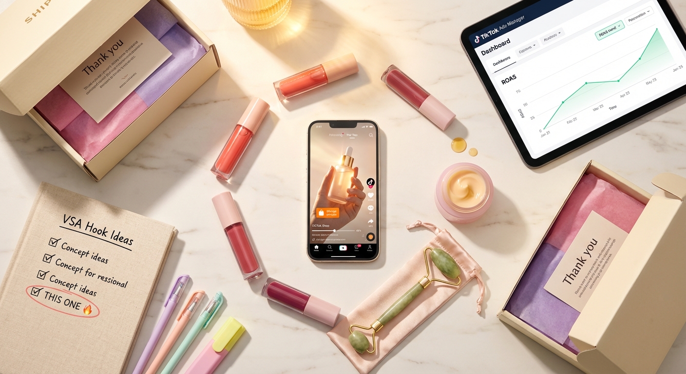 Close-up of TikTok Shop Video Shopping Ad on phone screen with shoppable product card and fulfillment boxes in background