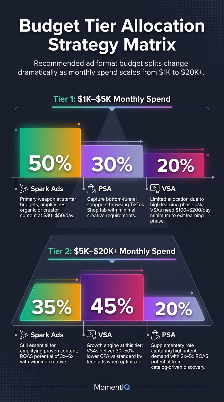 Pyramid infographic showing TikTok Shop ad budget allocation strategy across two tiers: $1K-$5K monthly favoring Spark