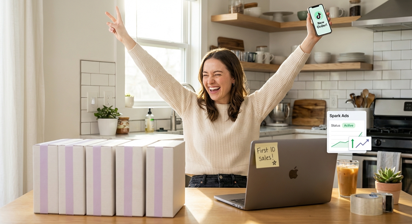 Entrepreneur celebrating first TikTok Shop sales on laptop showing Spark Ads campaign with product orders ready to ship