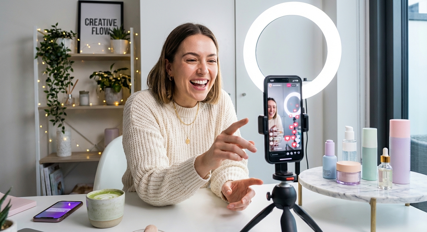 TikTok creator smiling at viral engagement metrics in her ring-lit studio with branded products for Spark Ads content
